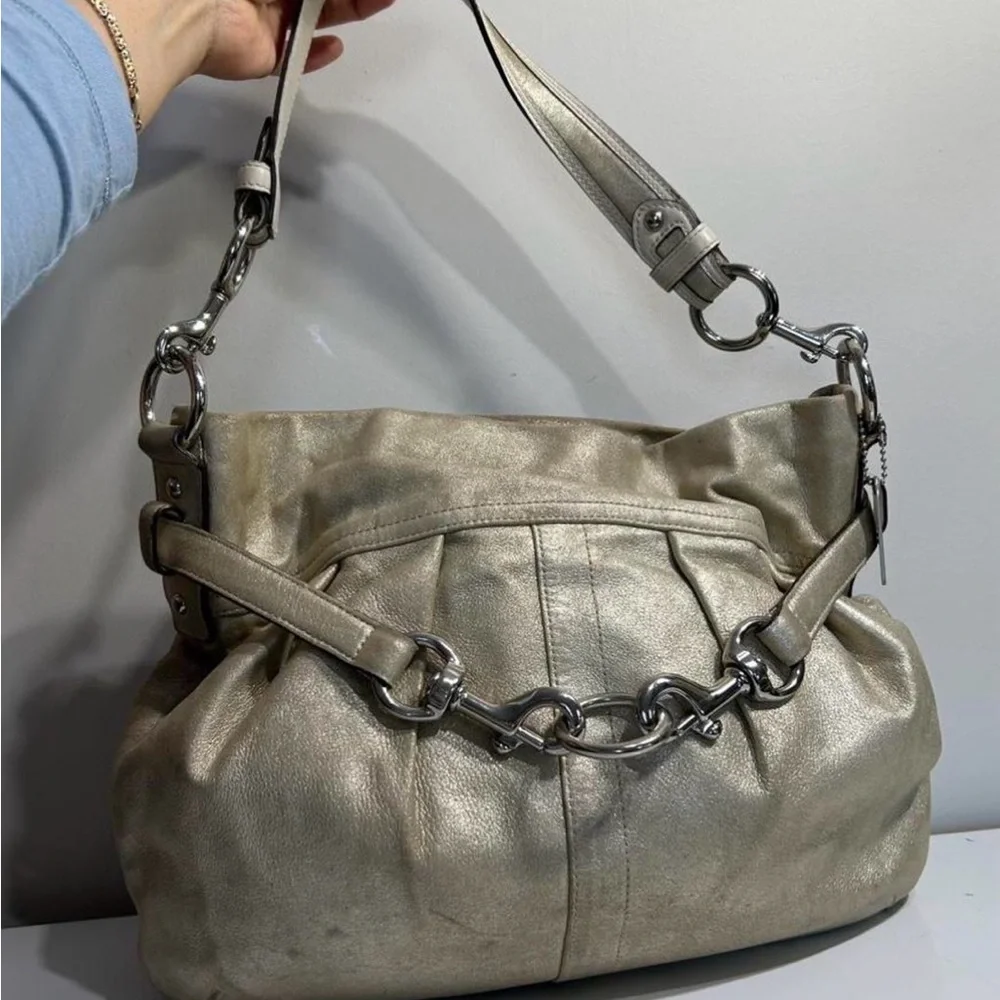 Coach Metallic Taupe Shoulder Bag with Chain Detail - Picture 2 of 7